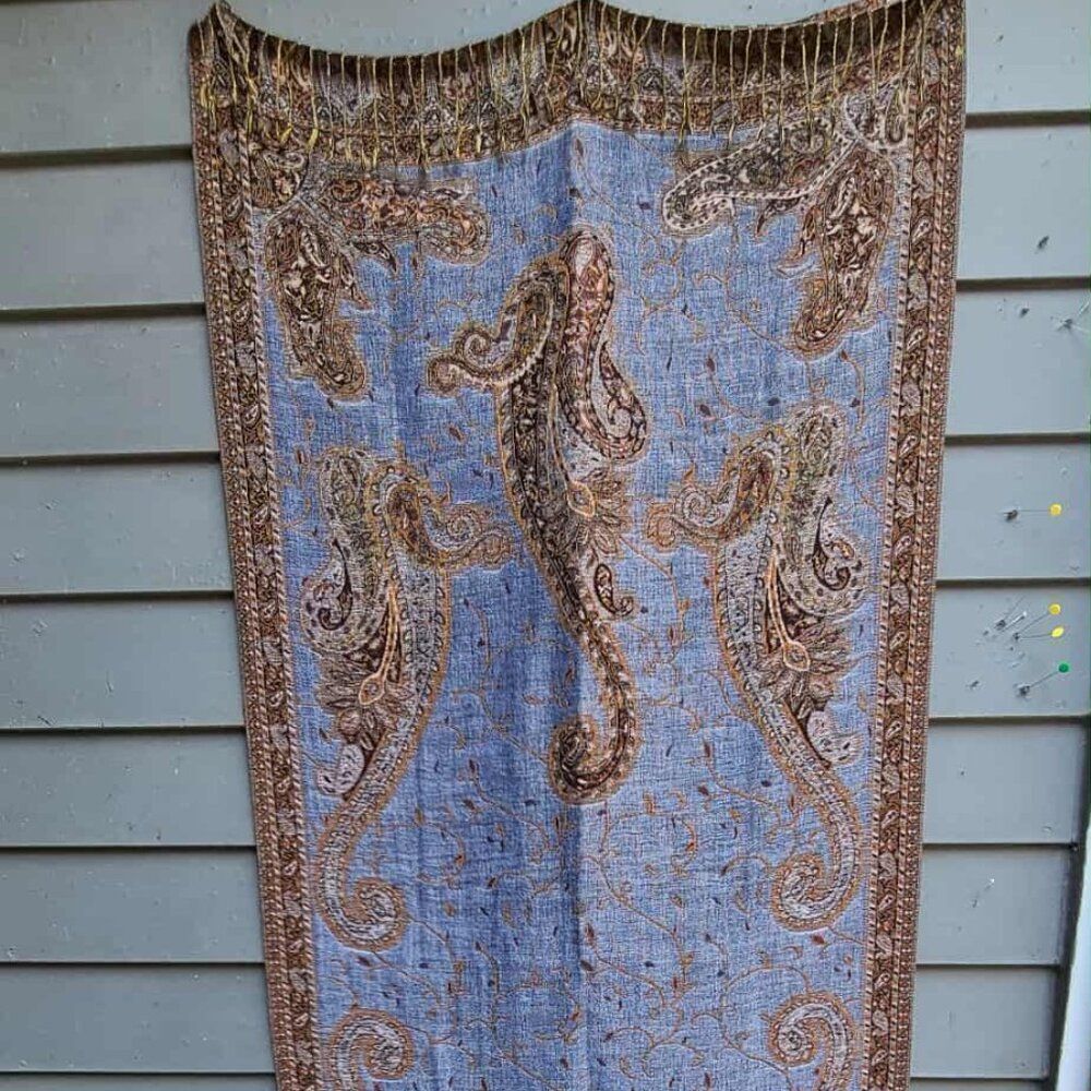 Denim Blue Brown Gold Pashmina & Skilk Pashmina